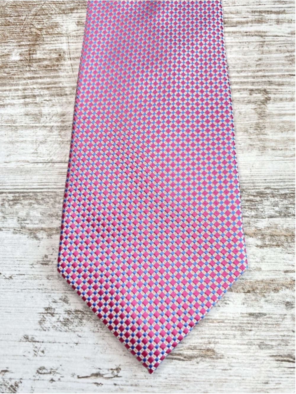 BOCARA 100% Silk Handmade Necktie Pink Blue Gold Geometric Check 58”